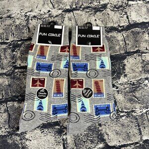 Fun Circle Men's Postage Stamp Sox size 10-13 Crew Socks 1 Pair Shoe sz 6-12